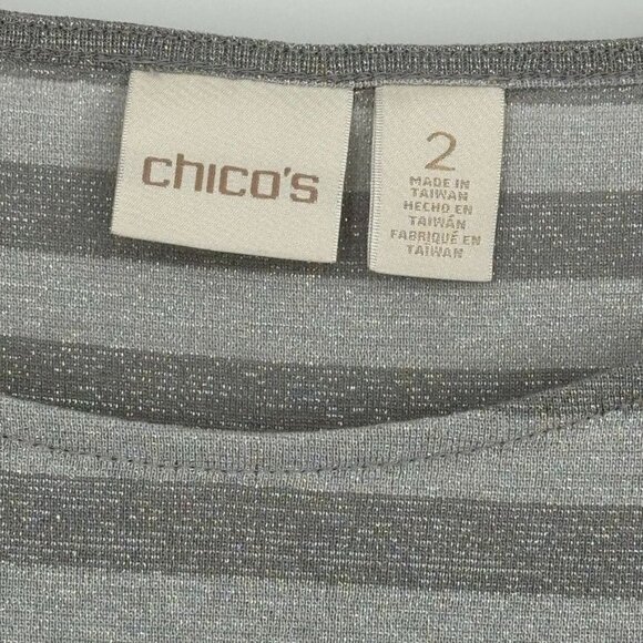 Chicos 2 Womens Size large Gray metallic Striped Short Sleeve Top fringed Hem - Picture 6 of 12